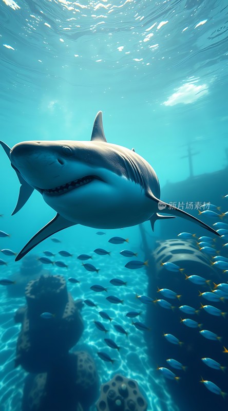鲨鱼与群鱼共舞水下世界