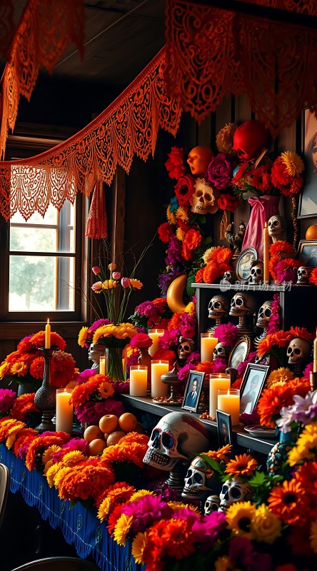 万圣节祭坛骷髅与鲜花共舞