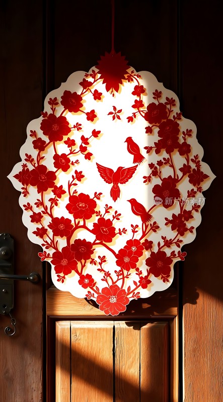 红白剪纸门饰花鸟图案寓意吉祥如意