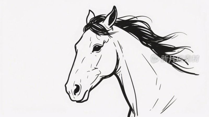 黑白线条勾勒的马头插画