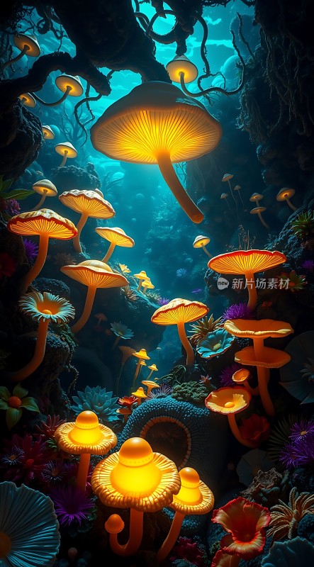 神秘森林下的荧光蘑菇世界