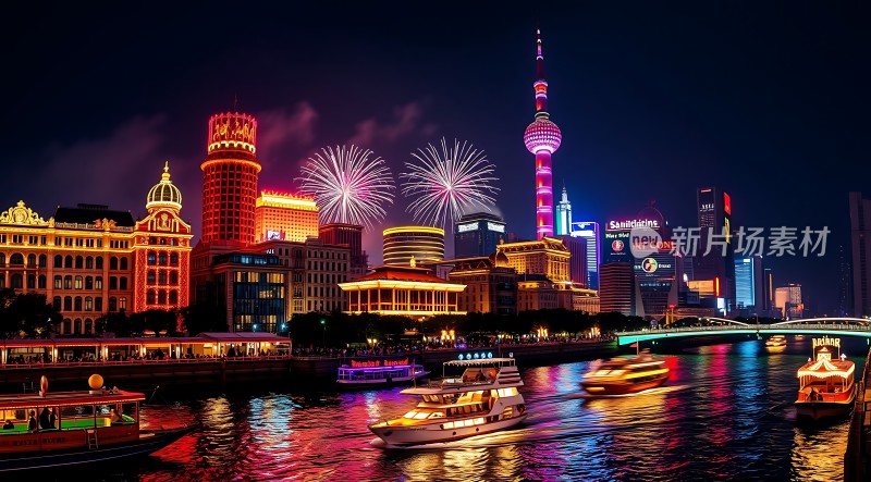 黄浦江畔夜色璀璨东方明珠闪耀光芒