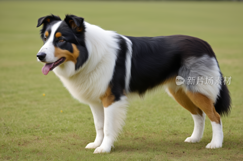 狗站在田野里嘴里叼着飞盘高清图片