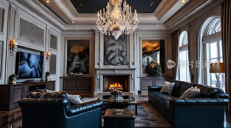 豪华客厅黑色沙发壁炉水晶吊灯精美装饰画