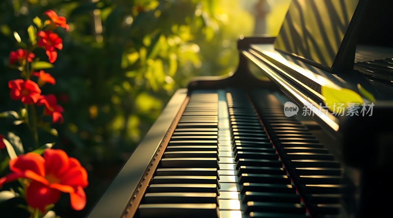 阳光下的钢琴与鲜花