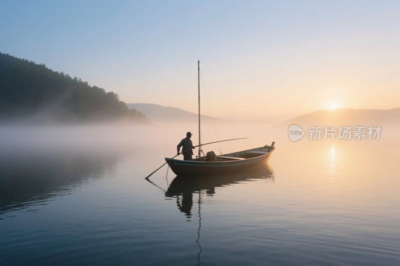 晨曦中孤舟上的垂钓者