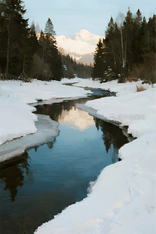 雪山溪流冬日风景