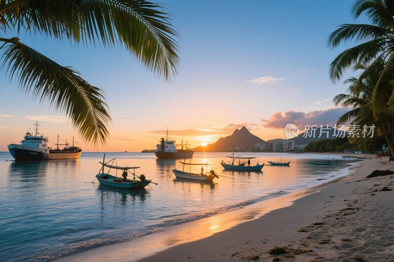 海滩夕阳渔船风景