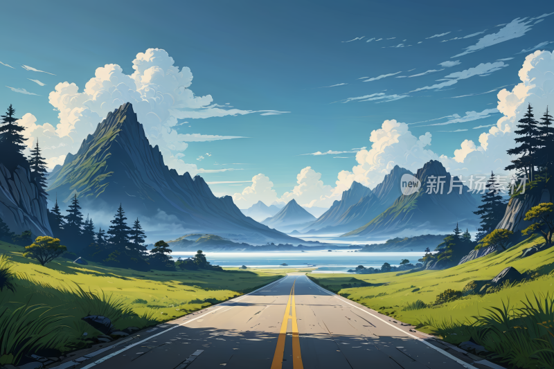 穿过山谷的道路的高清风景插画图片