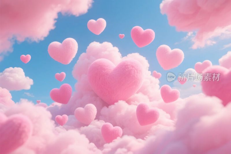 粉色爱心云朵蓝天插画