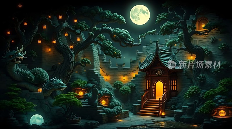古宅夜月灯笼映照龙影婆娑