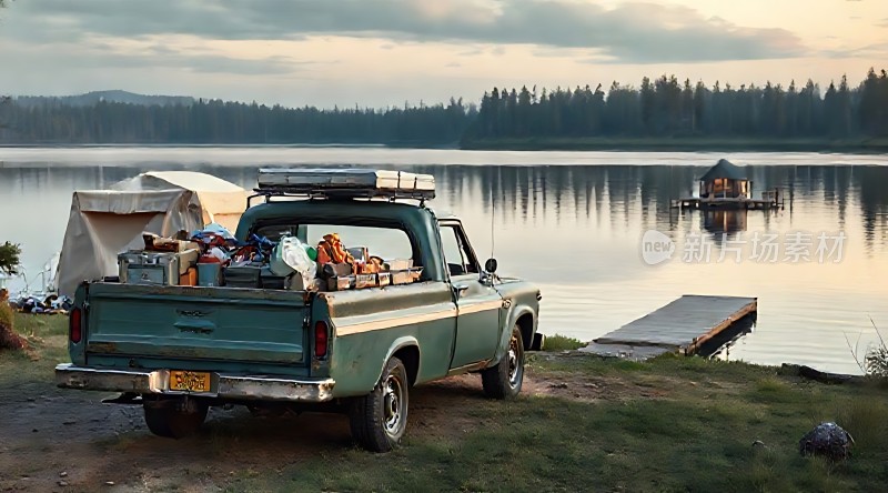 湖畔露营绿皮卡车与自然美景