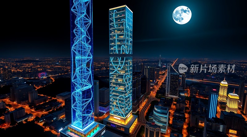 现代都市夜景下的摩天大楼与璀璨灯光