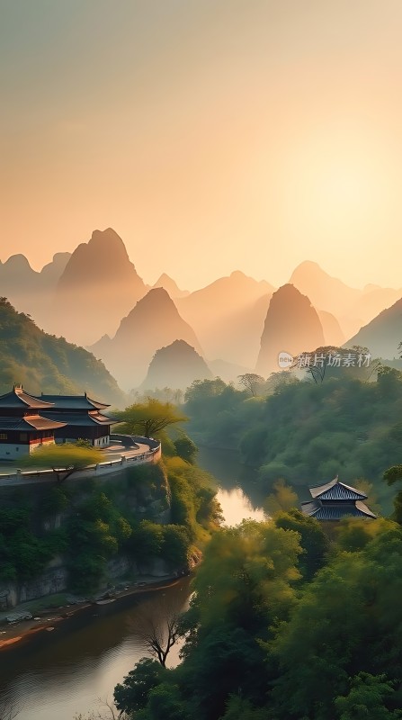 晨曦下的山水画卷古建筑与自然美景相得益彰