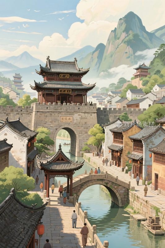 古风古镇古建风景插画