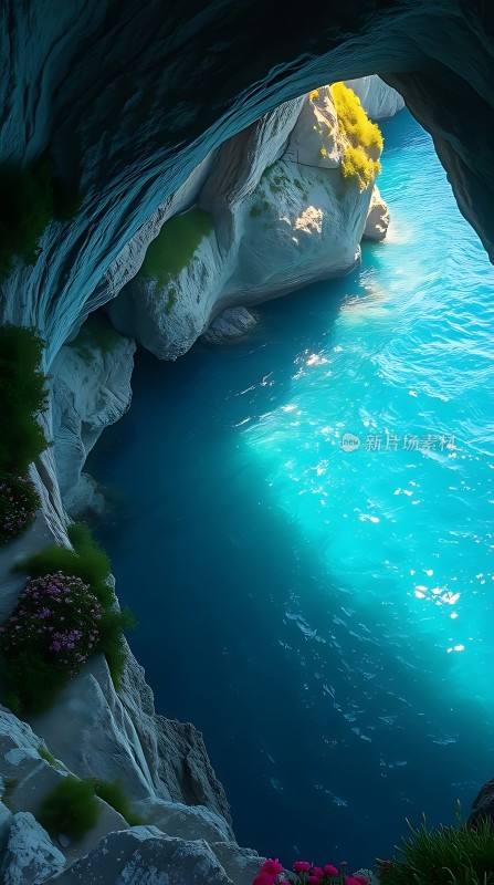 碧蓝大海与岩石洞穴的自然美景