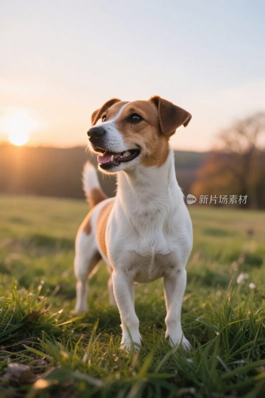 小狗在草地夕阳下