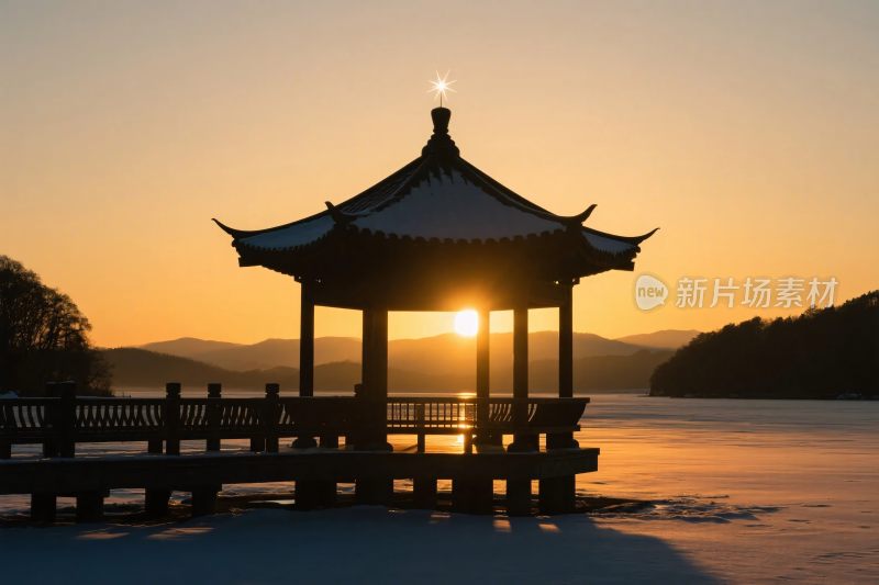 夕阳山水古亭风景