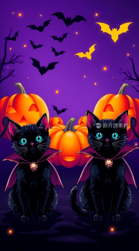 万圣节之夜黑猫与南瓜灯