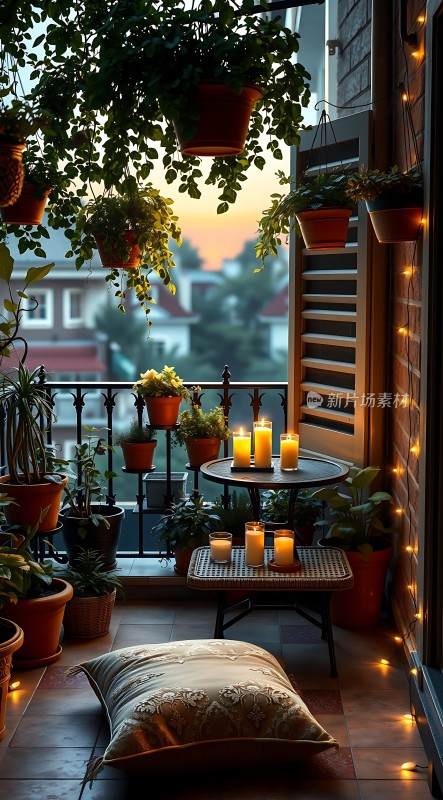 阳台上的宁静夜晚绿意盎然与温馨灯光交织