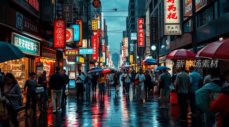 霓虹灯下繁华夜市雨中街头热闹非凡