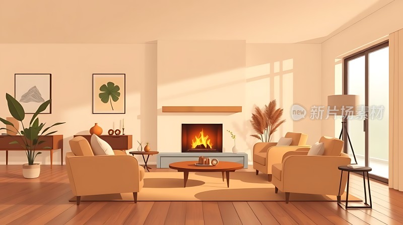 温馨客厅舒适沙发温暖壁炉自然光线和谐氛围