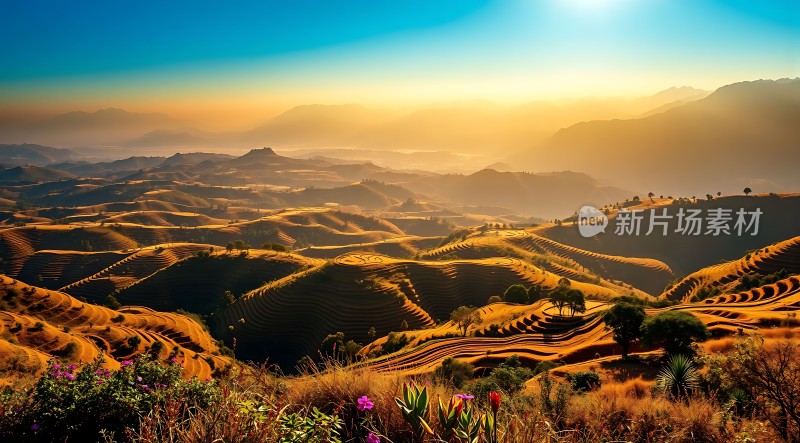 梯田晨曦阳光洒满大地
