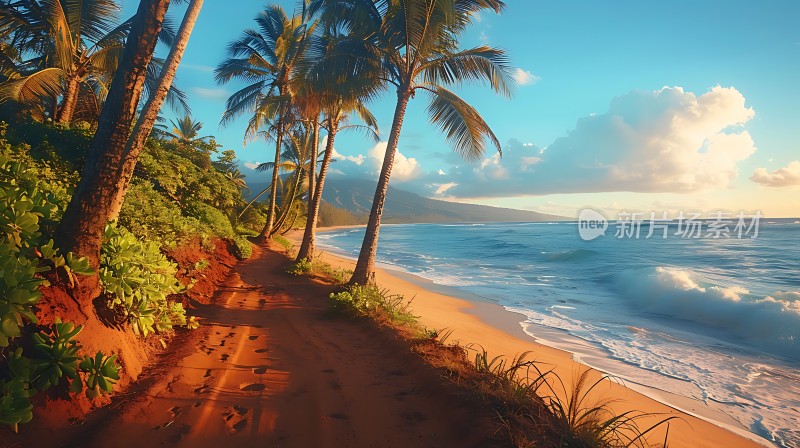 椰林小径海浪轻拍沙滩