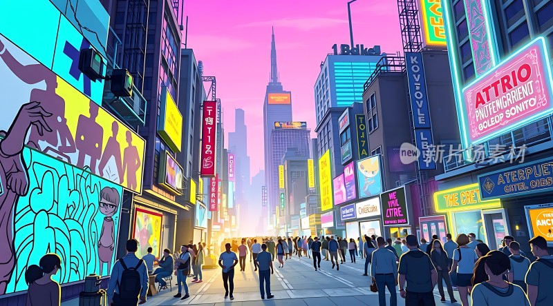 霓虹灯下的繁华都市人群熙攘高楼林立