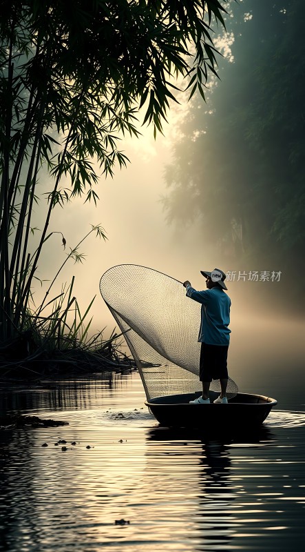 晨雾中捕鱼的渔者