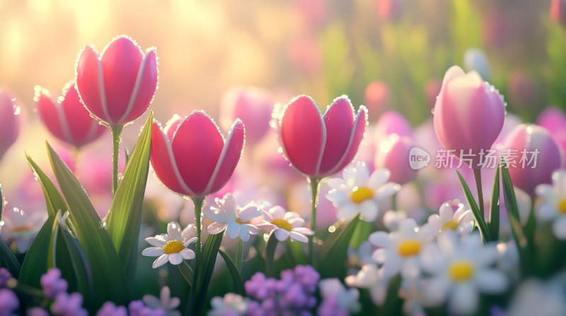 春天春日晨曦中的郁金香小雏菊鲜花