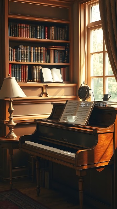 阳光下的钢琴与书架