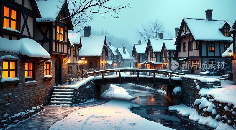 雪夜小镇温馨宁静