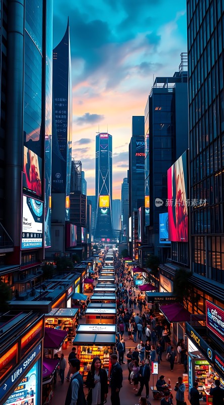 繁华都市夜景高楼大厦与街头集市交织霓虹灯闪烁人群熙攘
