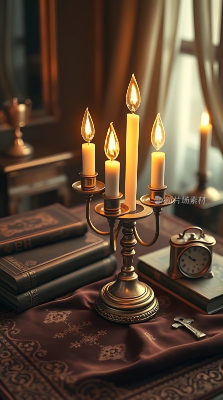 古铜烛台与书籍