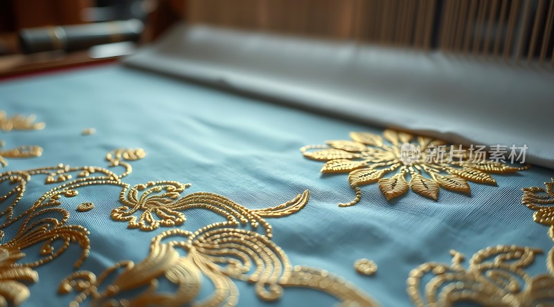 金色刺绣花纹装饰蓝色布料