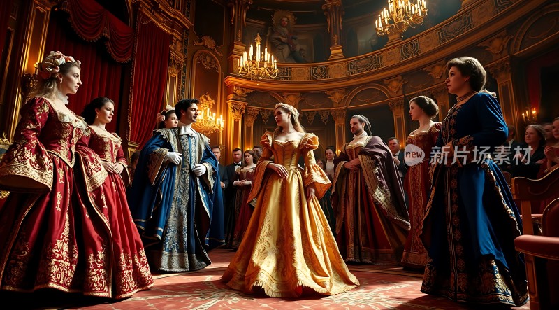 金色舞会上的华丽服饰与优雅姿态