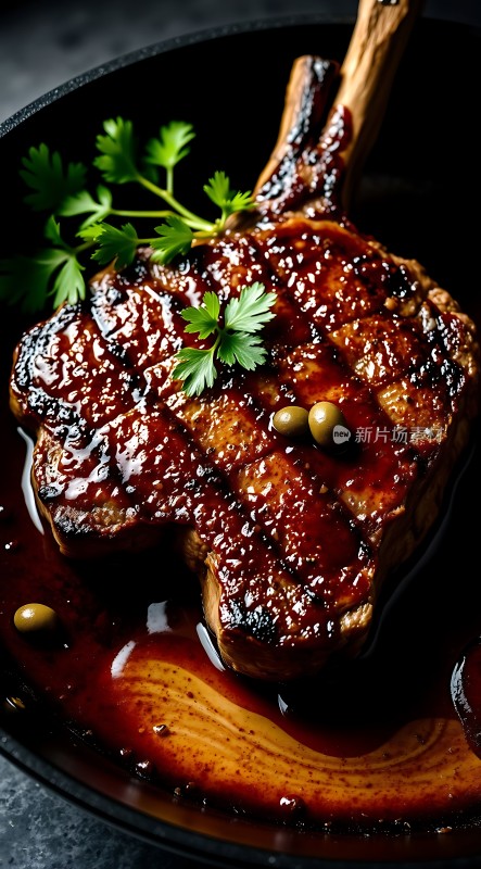 香煎猪排配香菜和橄榄