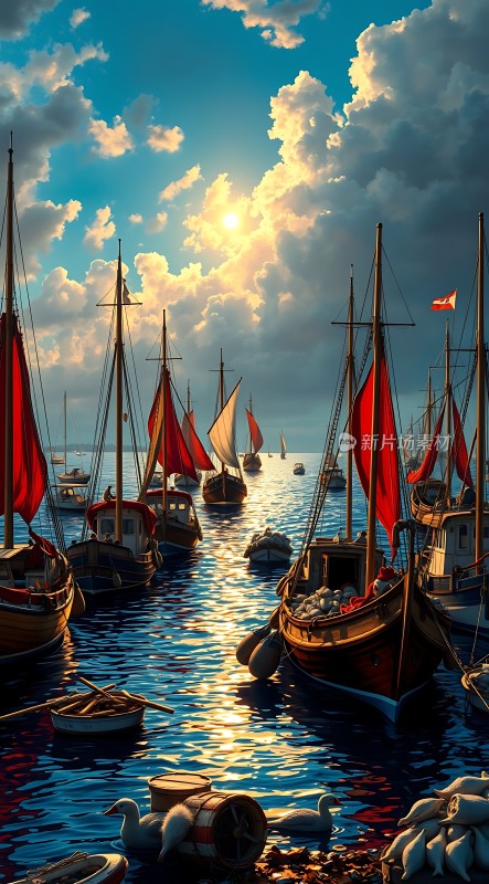 日落时分的宁静港湾帆船与海鸥共舞