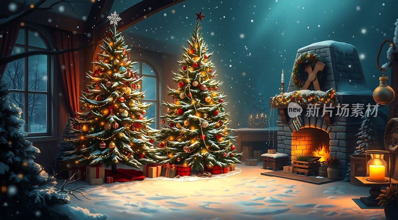 温馨圣诞夜火炉旁的两棵树