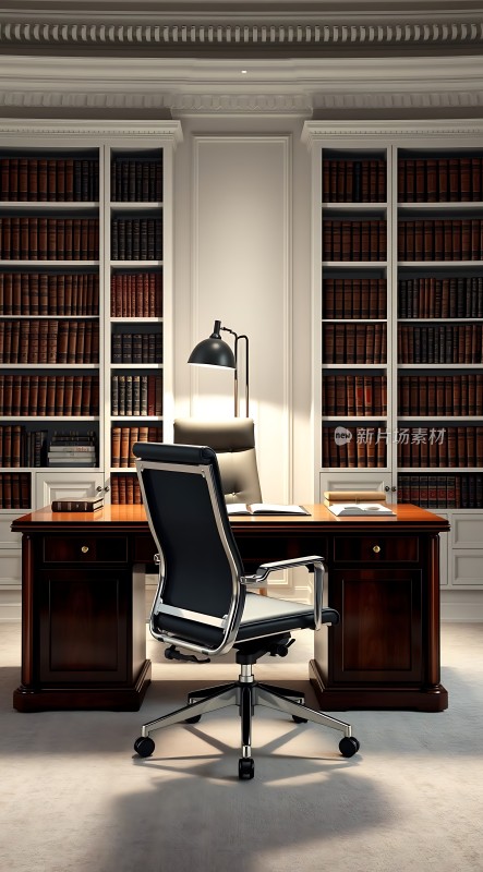 书房一角书桌椅与书架