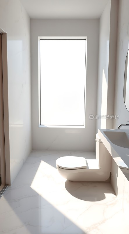 现代简约浴室自然光线充足白色大理石墙面和地面简洁而优雅