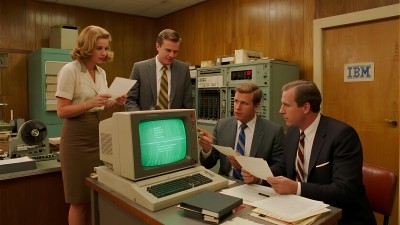 复古办公室里四位商务人士围坐在电脑前讨论工作