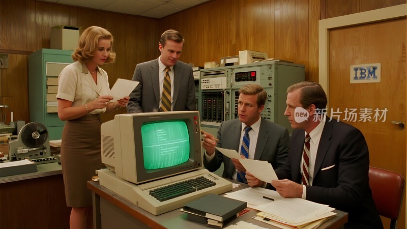 复古办公室里四位商务人士围坐在电脑前讨论工作