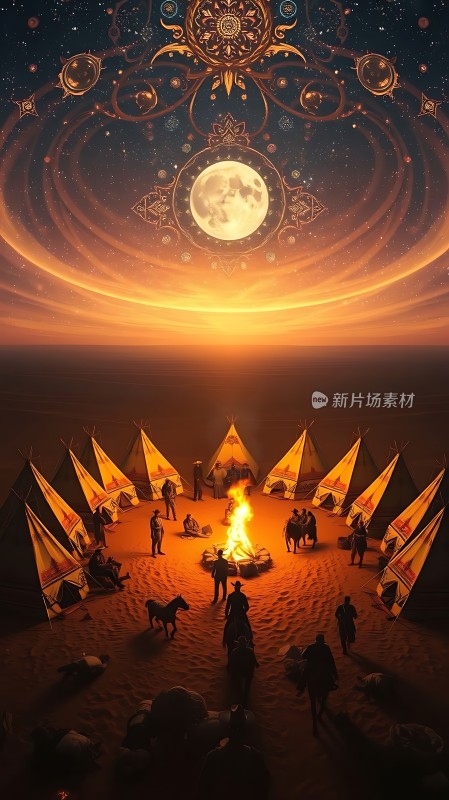 篝火旁的星空下的帐篷群