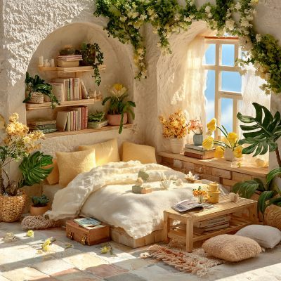 温馨舒适的室内绿植卧室场景 温馨舒适的室内绿植卧室场景