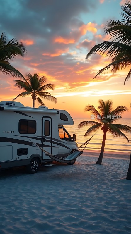 椰林下的露营车夕阳下的海滩度假