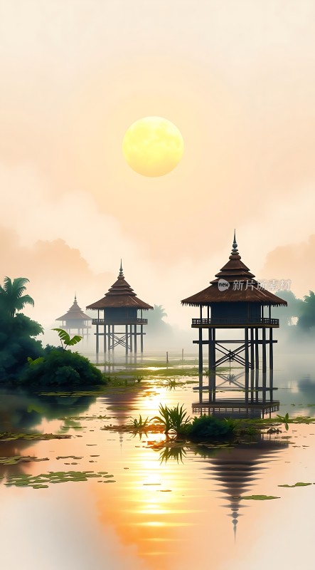 晨雾中的水上亭台