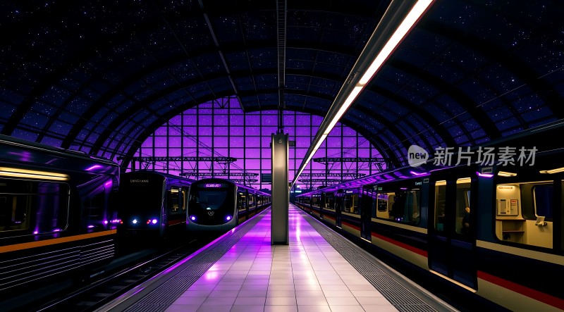 紫色星空下的现代火车站台