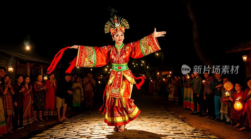 传统舞者华丽表演观众围观